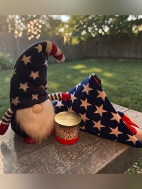 Patriotic 20” Gnome Plush 3 Wick Candle,  30” x 60” American Flag Beach Towel